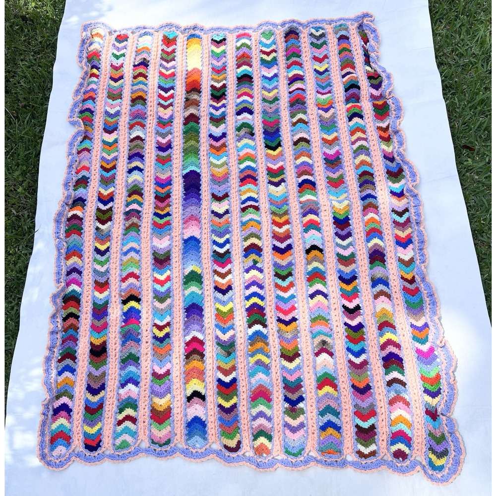 Vintage Handmade Colorful Knitted Crochet Ruffled Granny Blanket Throw 44" x 57"